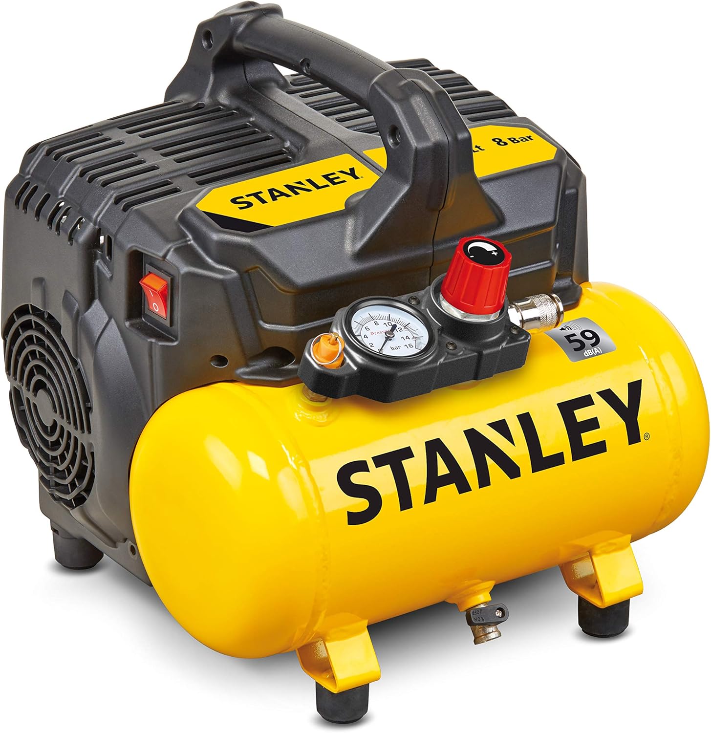 Stanley Compressore Aria Portatile DN200/8/6 - Compressore Silenziato 8 Bar - con Capacità del Serbatoio di 6L - senza Olio 105L/Min - Con Maniglia e Piedini Antiscivolo - per Utensili Pneumatici