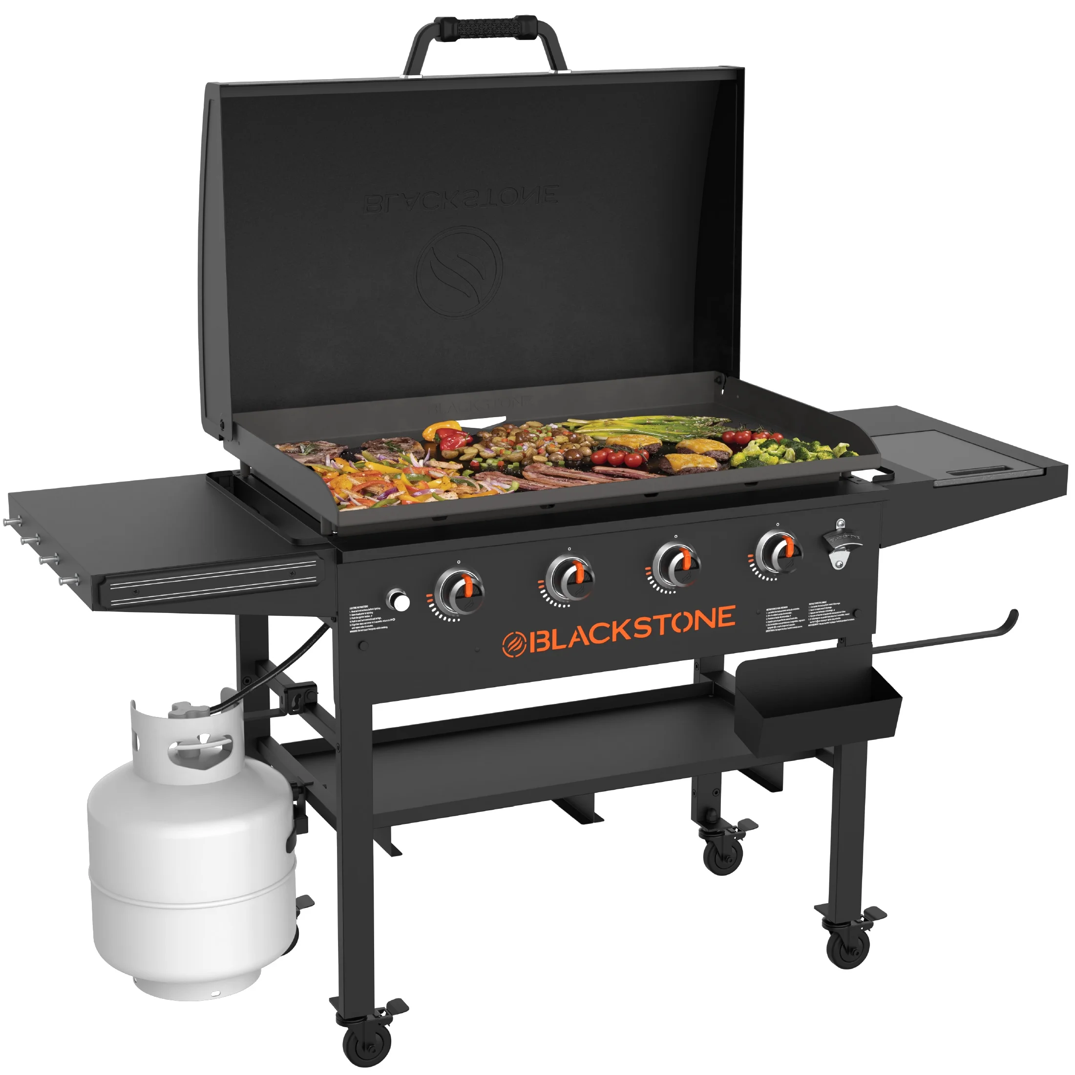 Piastra per barbecue a propano Blackstone Original a 4 fuochi da 36 pollici con cappa e piastra Omnivore - MadeInUSA