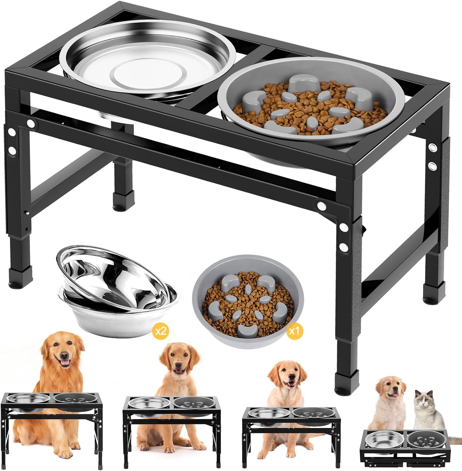 X XBEN 3-in-1 Ciotole per Cani Rialzate con 5 Altezze Regolabile, 1L Ciotola Anti Ingozzamento, 1,4L Ciotola Acqua Cane Antigoccia, Ciotola per Cani Piccolo, Medio e Grande, Pieghevole e Antiscivolo