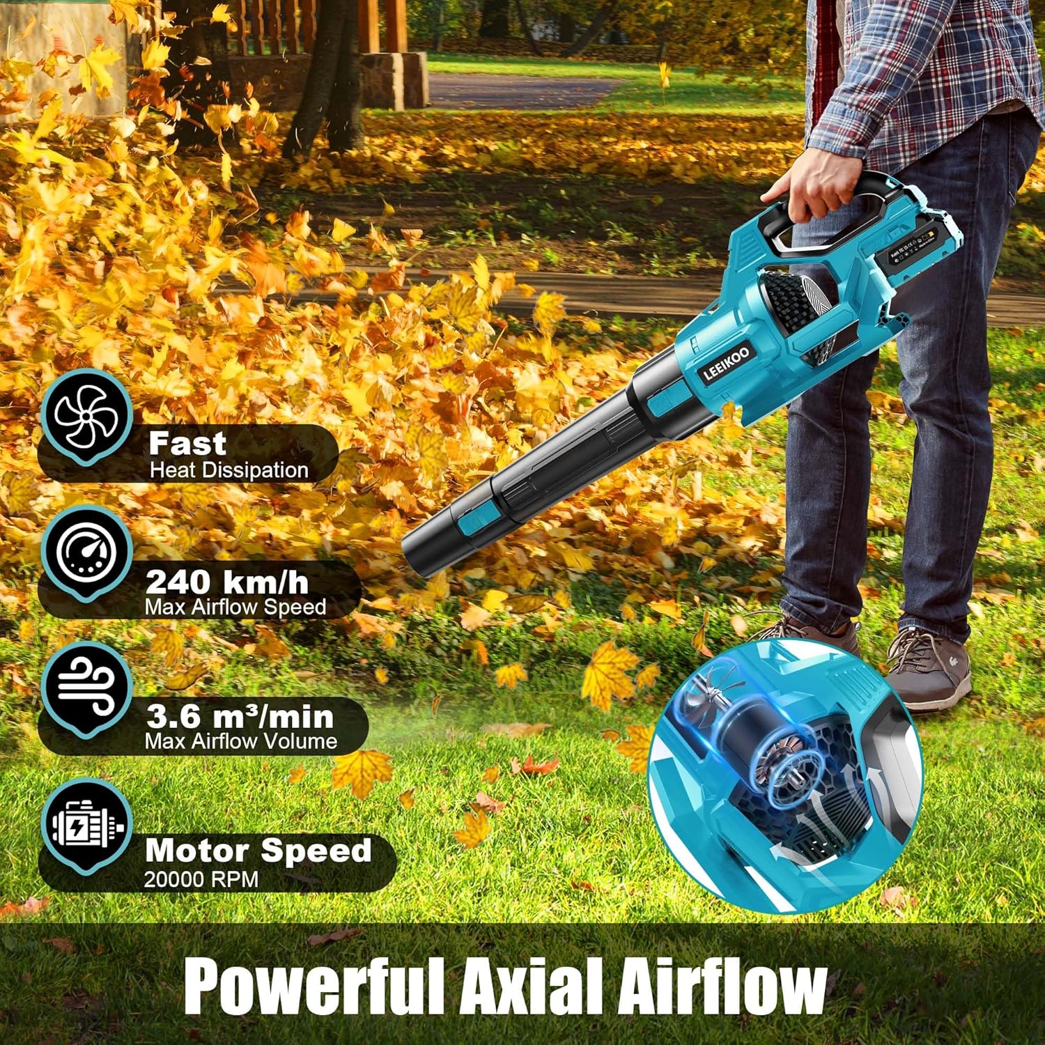LEEIKOO Battery Blower, 21V Leaf Blower with 2 4.0Ah Battery, 3 Speed Settings, 2 Detachable Blow Tubes, Garden Cleaning Mud Belt
