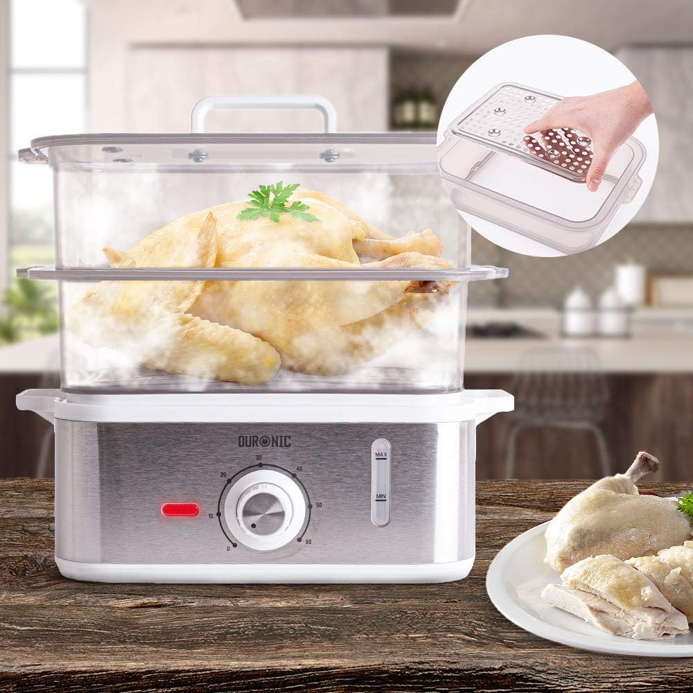 Duronic FS87 Electric Steamer 870W, Total Capacity 10.6L, 1.2L Tank, Integrated Timer, Multi Cooking with 3 Trays with Stainless Steel Base, with Rice Basket, White