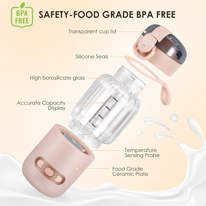 Scaldabraccia portatile, 400 ml, scaldabiberon per bambini, in viaggio, temperatura regolabile da 37 °C a 55 °C, riscaldamento rapido e controllo preciso della temperatura, ricaricabile tramite USB