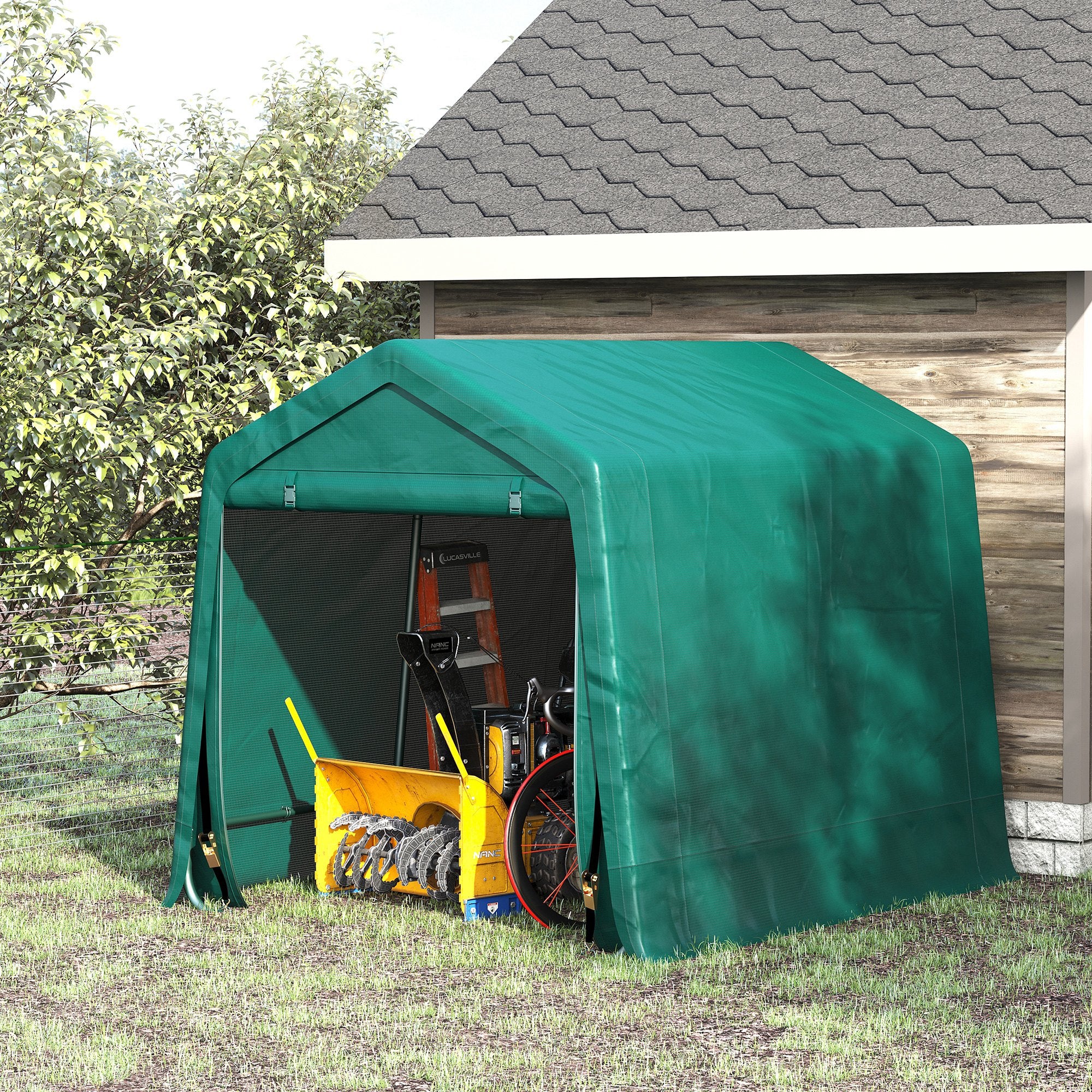 Easycomfort Tendone Garage all'Aperto 2.4x2m per Moto e Biciclette, Casetta da Giardino per Attrezzi in Metallo e Tessuto PE, Verde