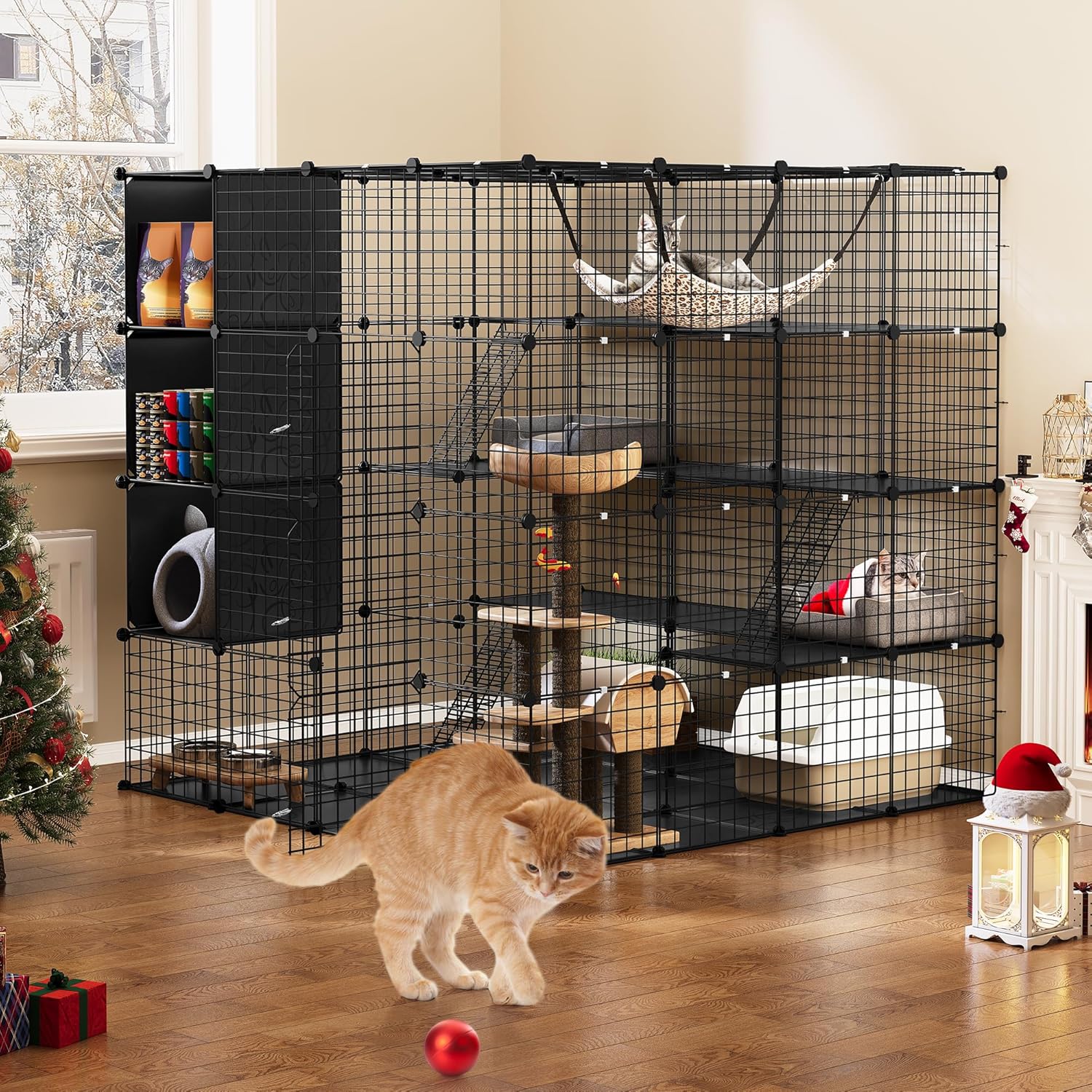 YITAHOME Grande gabbia per gatti da interno, recinzione in filo metallico a 4 livelli con 4 porte, 3 scale, box per gatti fai da te con grande amaca, gabbie per animali per 1-3 gatti, coniglietto,