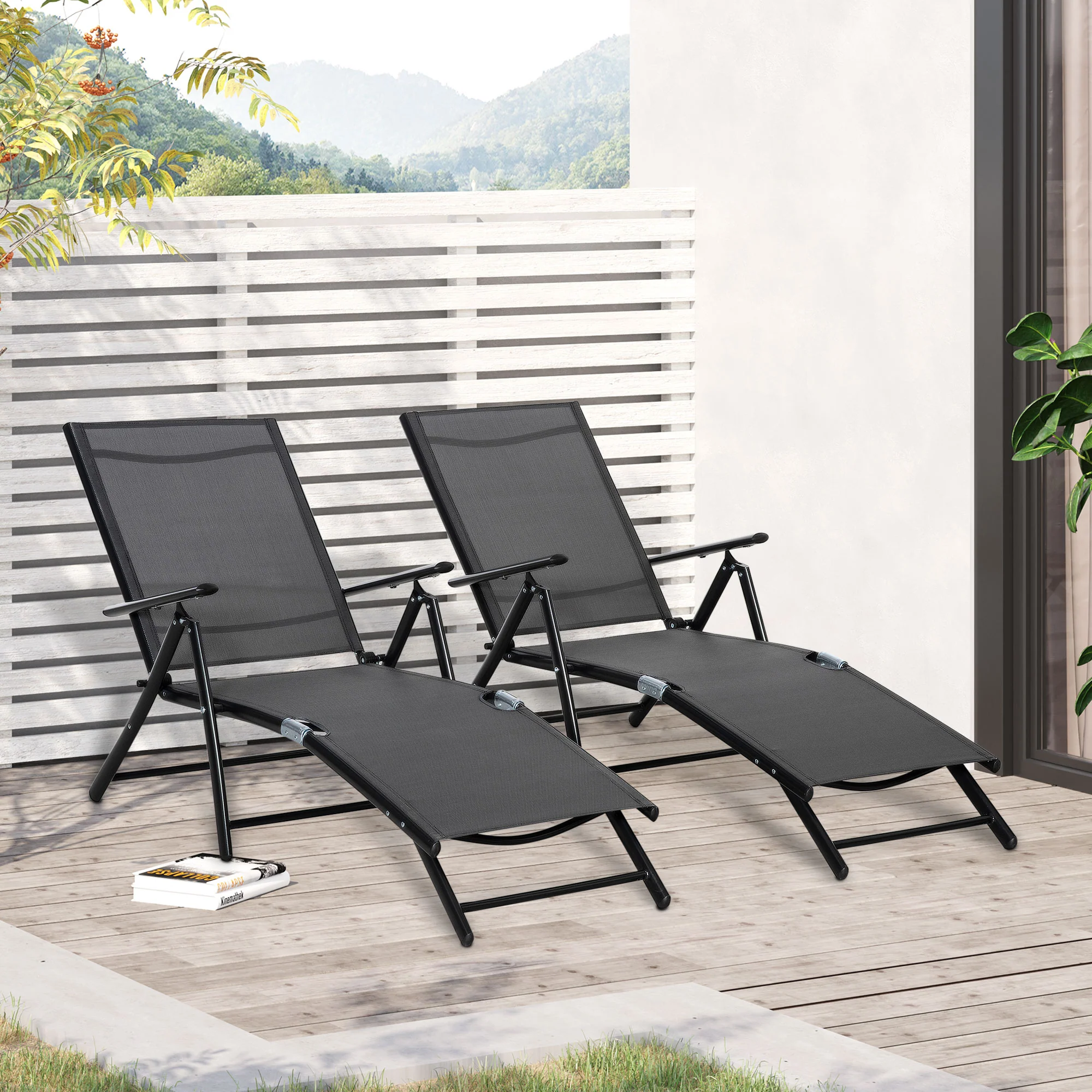 Easycomfort Set 2 Sdraio da Giardino Pieghevoli con Schienale Regolabile, 64x134x95cm, Nero