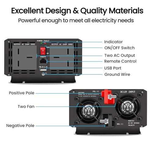 Novopal Power Inverter Onda Sinusoidale Pura 3000W 6000W Trasformatore di Potenza Convertitore  DC 12v in AC 220v 230v 240v Invertitore di Tensione 2 UK Presa con Uscita USB 5 Metri di Telecomando : Amazon.it: Elettronica