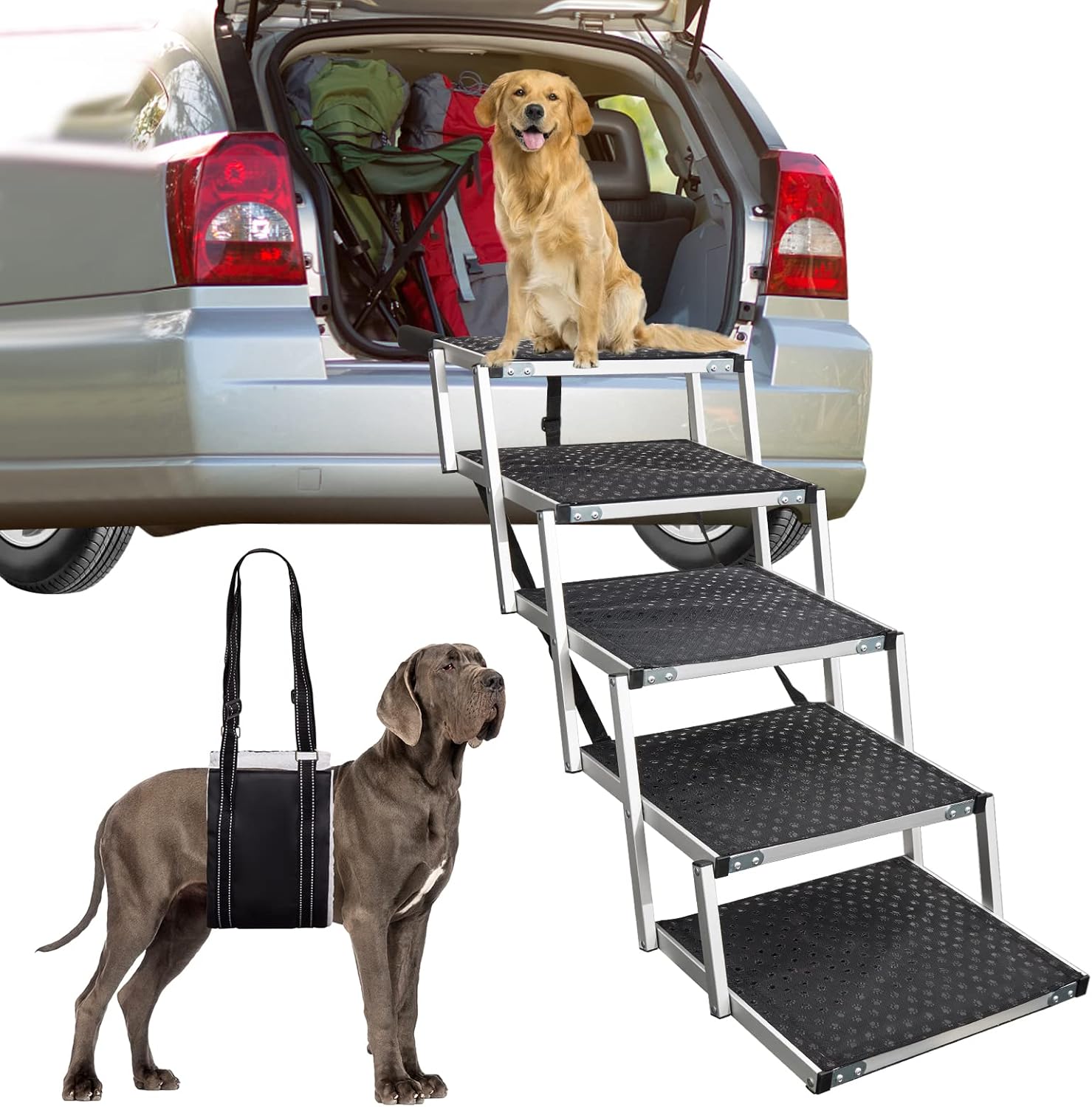 WHDPETS Scaletta per Cani, Pieghevole Scala per Cani Supporta Fino a 80 KG, Superficie Antiscivolo Rampa per Cane Auto per Autovetture SUV e Autocarri