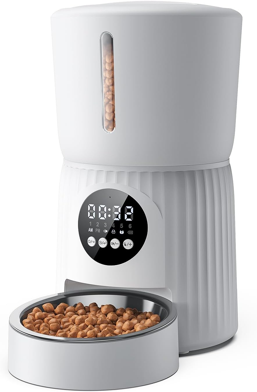 Faroro 4L Automatic Cat Food Dispenser, Cat and Dog Food Dispenser with Stainless Steel Bowl, Timer Function, 1 to 6 Meals a Day