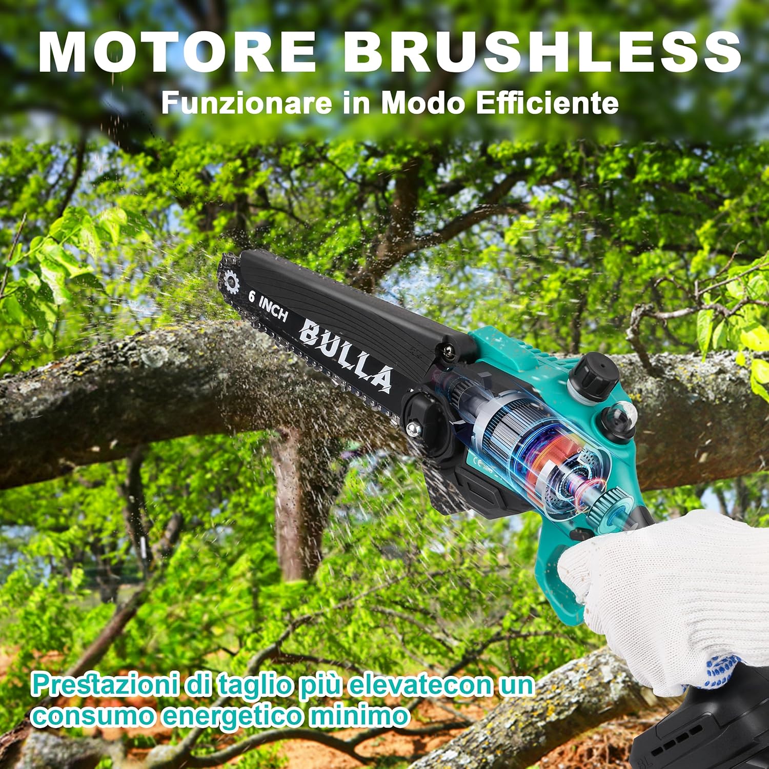 Mini Motosega elettrica a Batteria per Potatura, 6 Pollici con Motori Brushless e con 2 Batteria 4000mAh, per Tagliare Legna, Potare Rami, Giardini