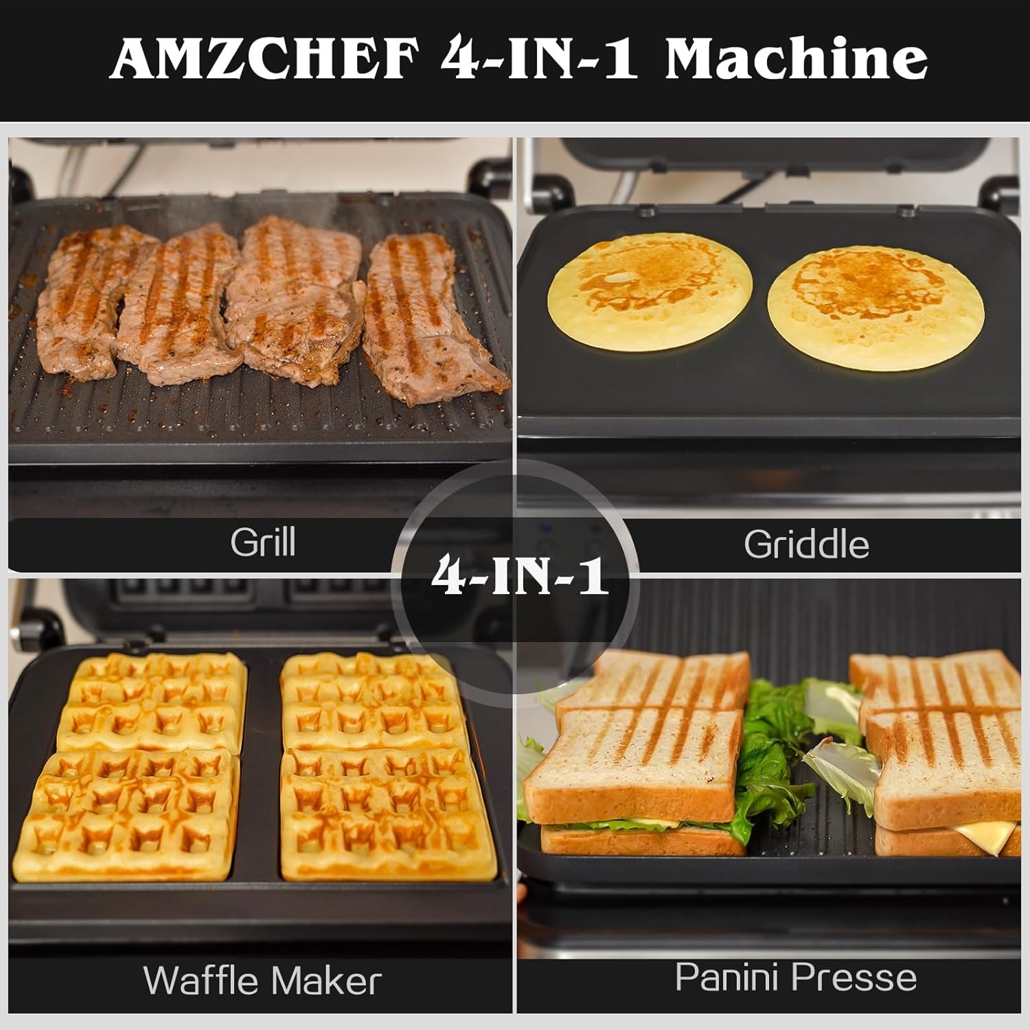 AMZCHEF Griglia Multifunzione 4 in 1 a Contatto, Piastra, Waffle Maker & Piastra panini con 4 piastre antiaderenti rimovibili, tempo e temperatura individuali, display a LED, 2000W