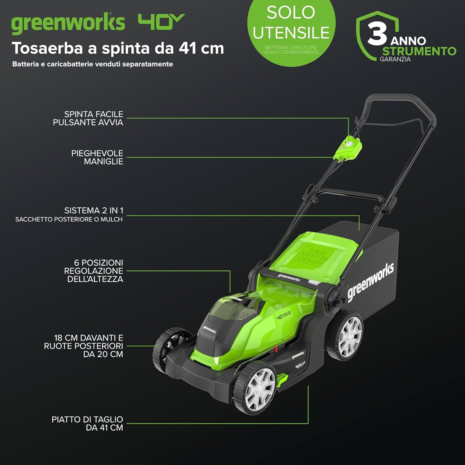Greenworks 40V Tagliaerba a Batteria per Prati Fino a 500m², Ampiezza di Taglio 41cm, Sacca da 50L CON Due Batterie 40V 2Ah e 1 Caricabatterie, Garanzia 3 Anni-G40LM41K2X