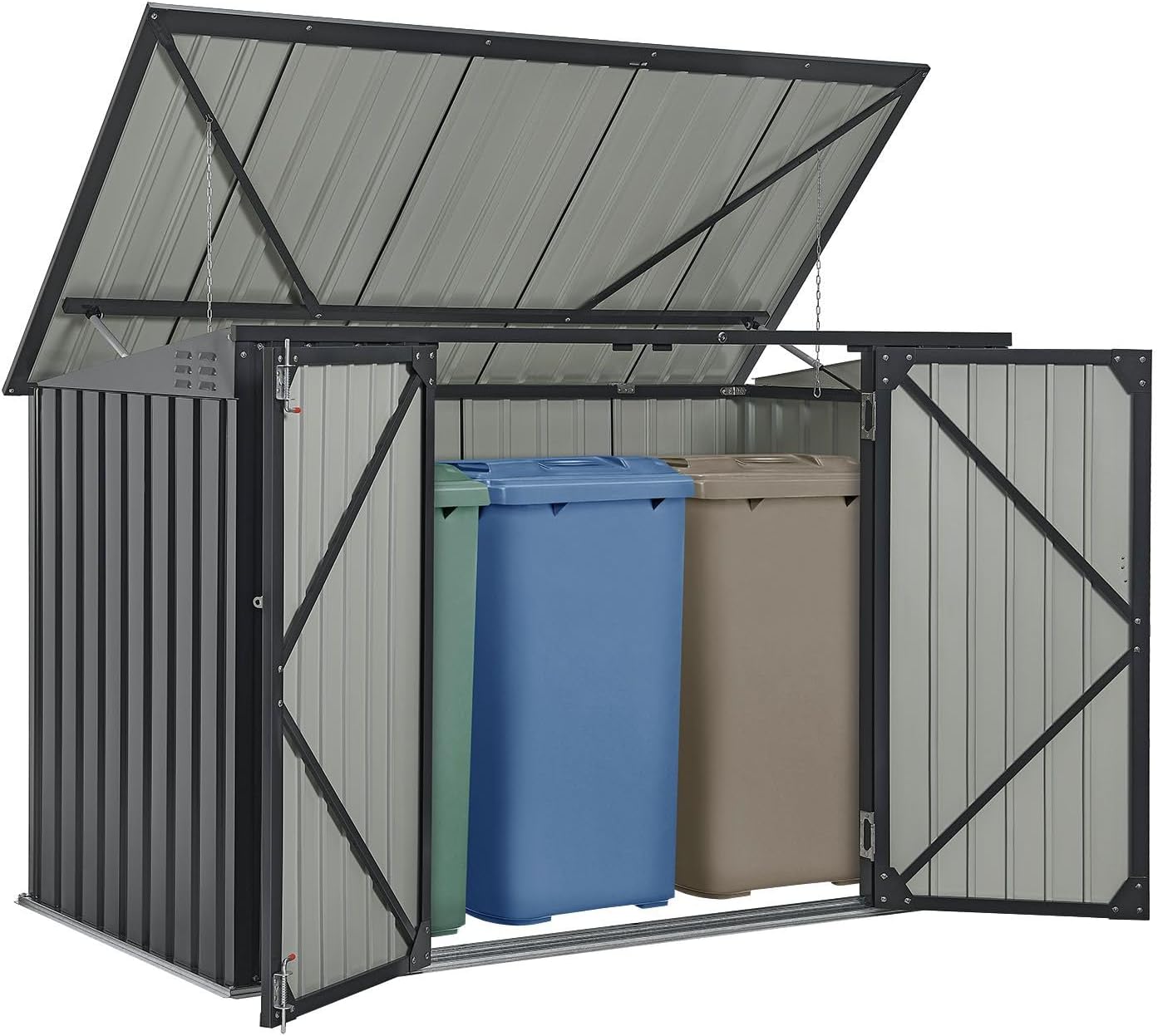 Juskys Contenitore per bidoni dei rifiuti da 3 pezzi Namur 3 bidoni da 120 litri - 2m虏 - 2 porte - Rivestimento contenitore rifiuti metallico Cassonetti per rifiuti Casetta per bidoni Contenitore