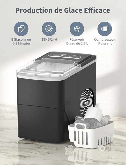 Macchina Ghiaccio 12KG/24h, 2.2L Macchina del Ghiaccio Casa Professionale, S/L Dimensioni, Pronto in 6-9 Minuti, Silenzioso, Ice Maker per Casa/Bar, Nero