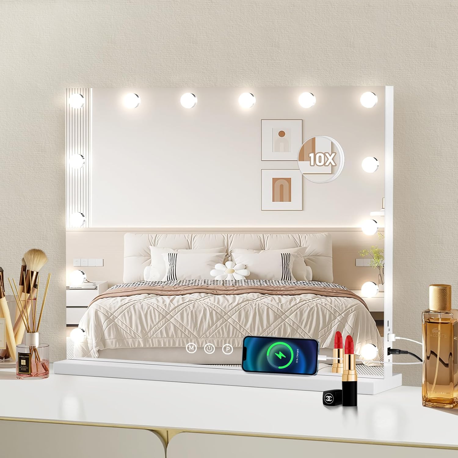 Ekasoco Hollywood Specchio Trucco con Luc, 58x48cm Specchio con Luci 15 LED, 3 Modalità Illuminazione Regolabile, Controllo Tattile, Porte USB, Specchi da Tavolo per La Camera da Letto Spogliatoio
