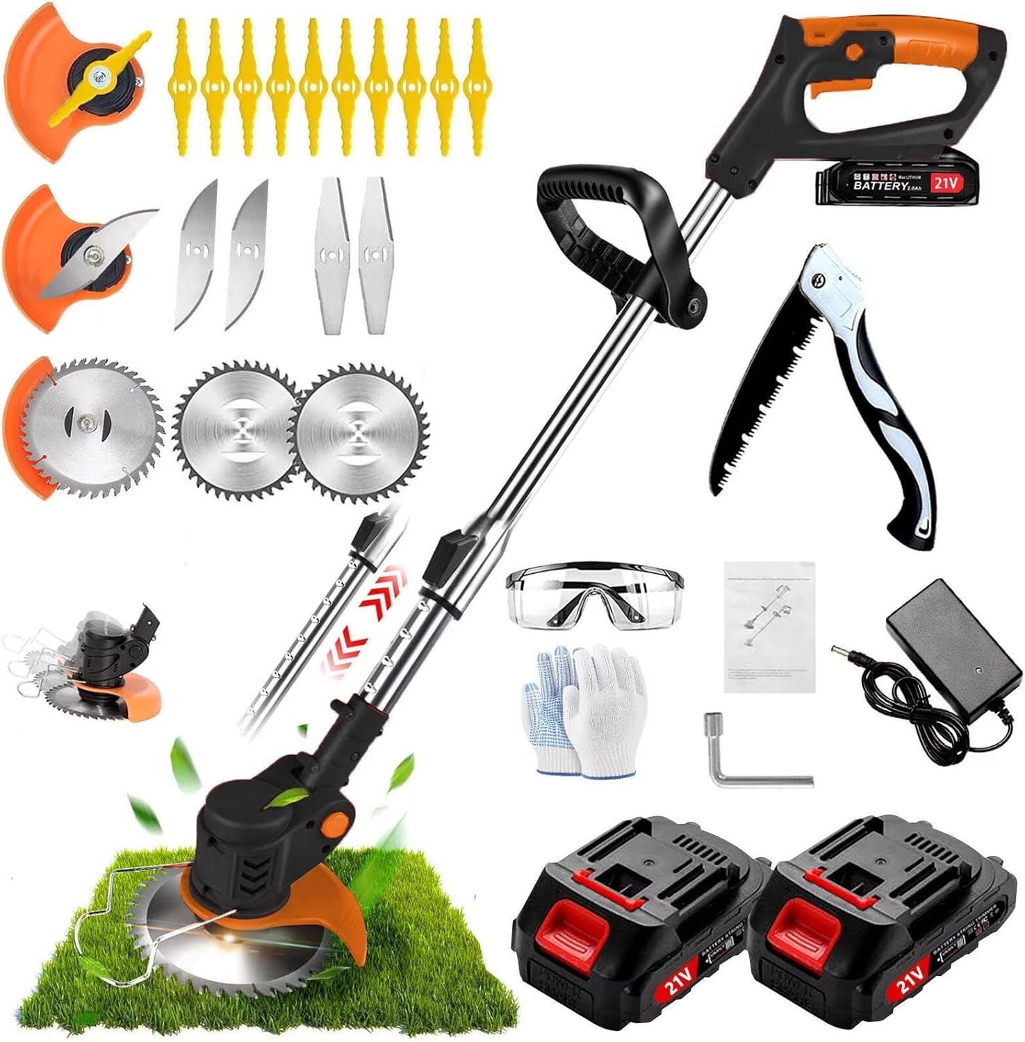 Decespugliatore a Batteria, Decespugliatore Elettrico Con Lama in Metallo, Tagliabordi a batteria Con 2 Batterie da 21V 2000 mAh, Maniglia a scomparsa e rotazione della testa di 90°