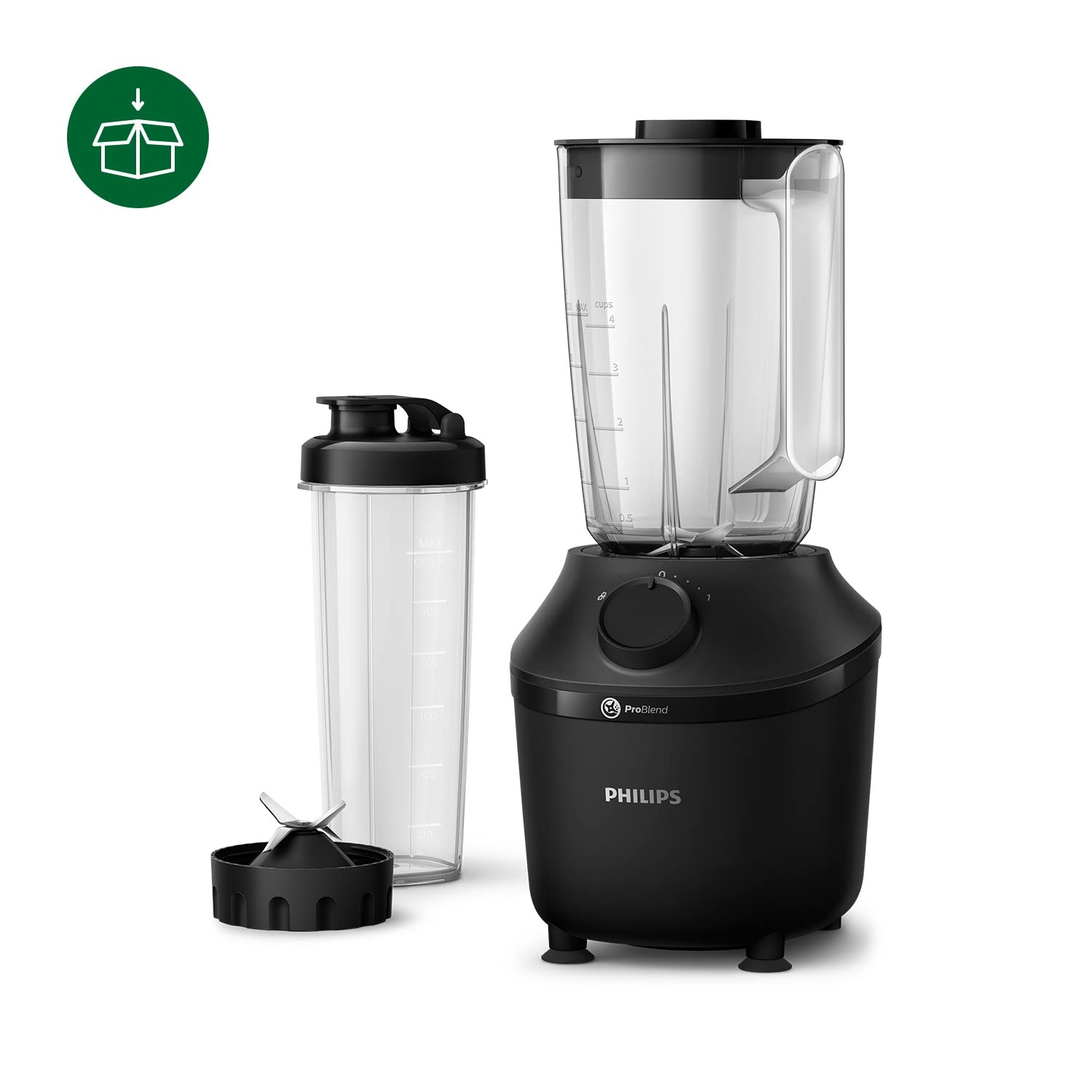 Philips Domestic Appliances Frullatore Con Base, 450 Watt, Tecnologia Problend, 1,9 Litri Serbatoio In Plastica, Incl. Bottiglia Per Bere, Nero, HR2041/41