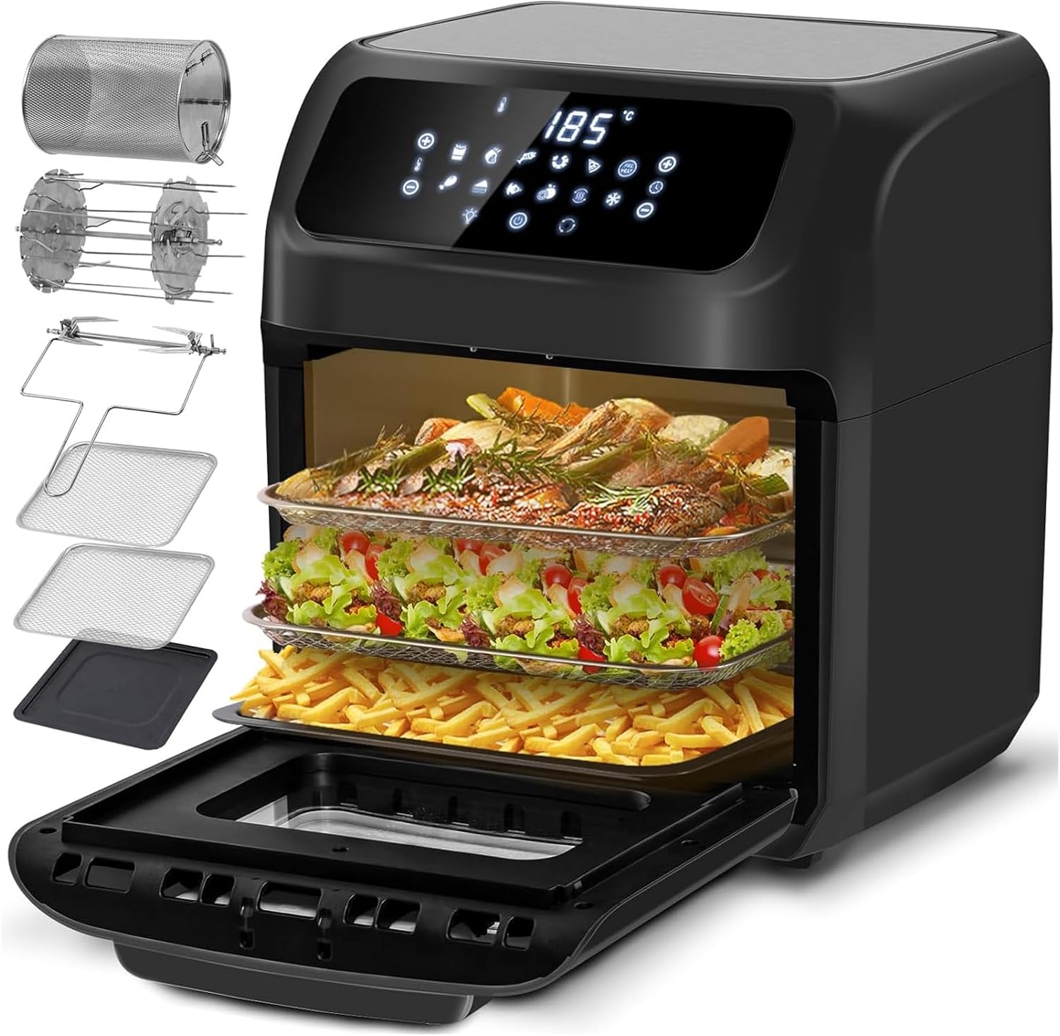 LLIVEKIT Friggitrice ad aria 12L, Forno ad aria calda 12 in 1 con Touch Screen a LED digitale, Friggere Senza Olio da 1800W, Griglia, 7 accessori e ricettario