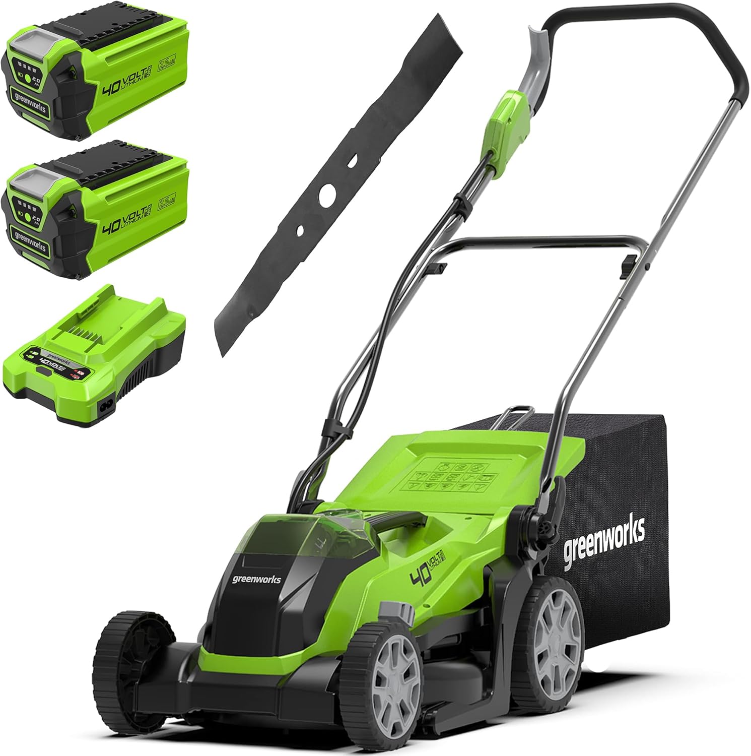 Greenworks 40 V Battery Lawn Mower for Lawns up to 400 m², 35 cm Cutting Width, 40L Bag with Two 40 V 2Ah Batteries and 1 Charger, 3 Year Warranty - G40LM35K2X