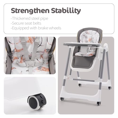 Seggiolone pieghevole 3 in 1 con imbracatura, con 4 ruote bloccabili, 5 posizioni reclinabili, sedia regolabile per neonati e bambini da 6 mesi a 3 anni : Prima infanzia