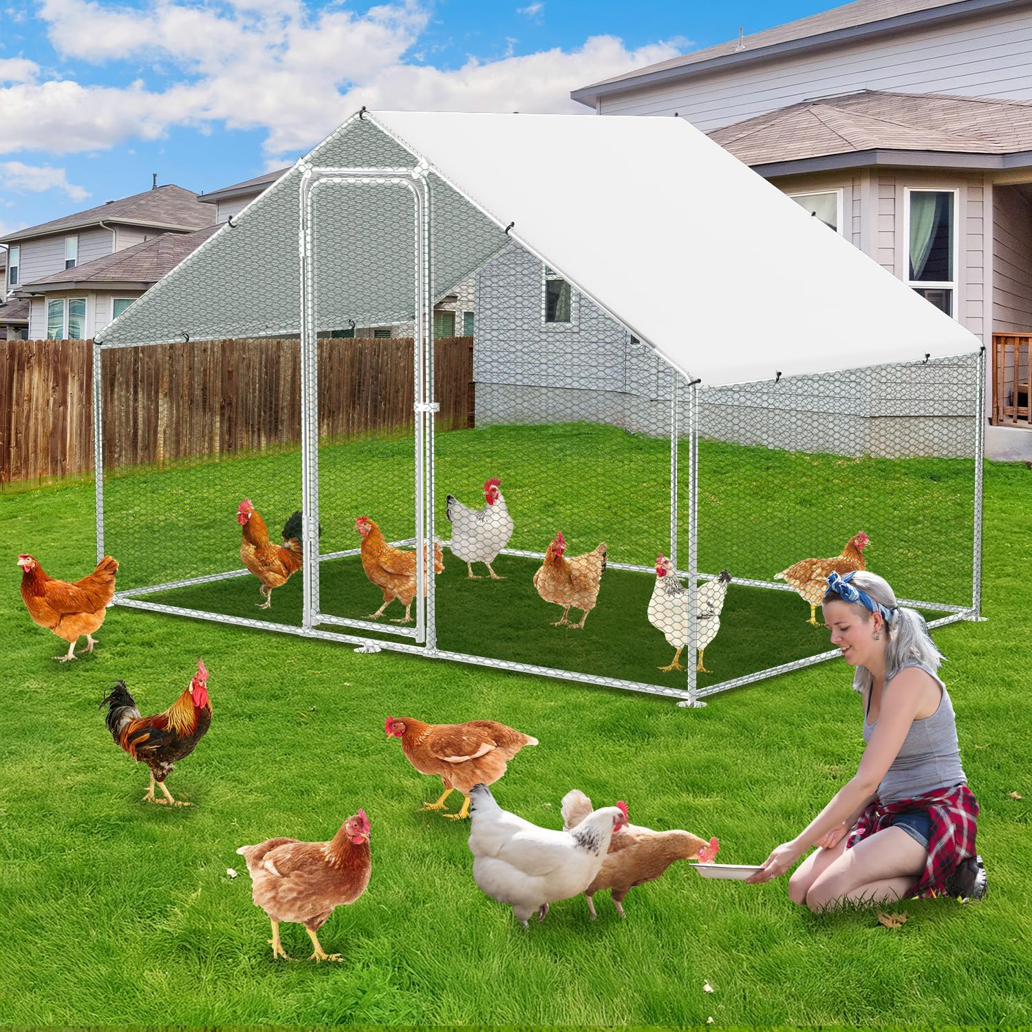 Herrselsam Outdoor Chicken Coop Sheep 3x2x2m Chicken Coop Outdoor with Galvanized Frame, Fence with Waterproof Fabric Cover, Lock for Chickens, Ducks and Rabbits