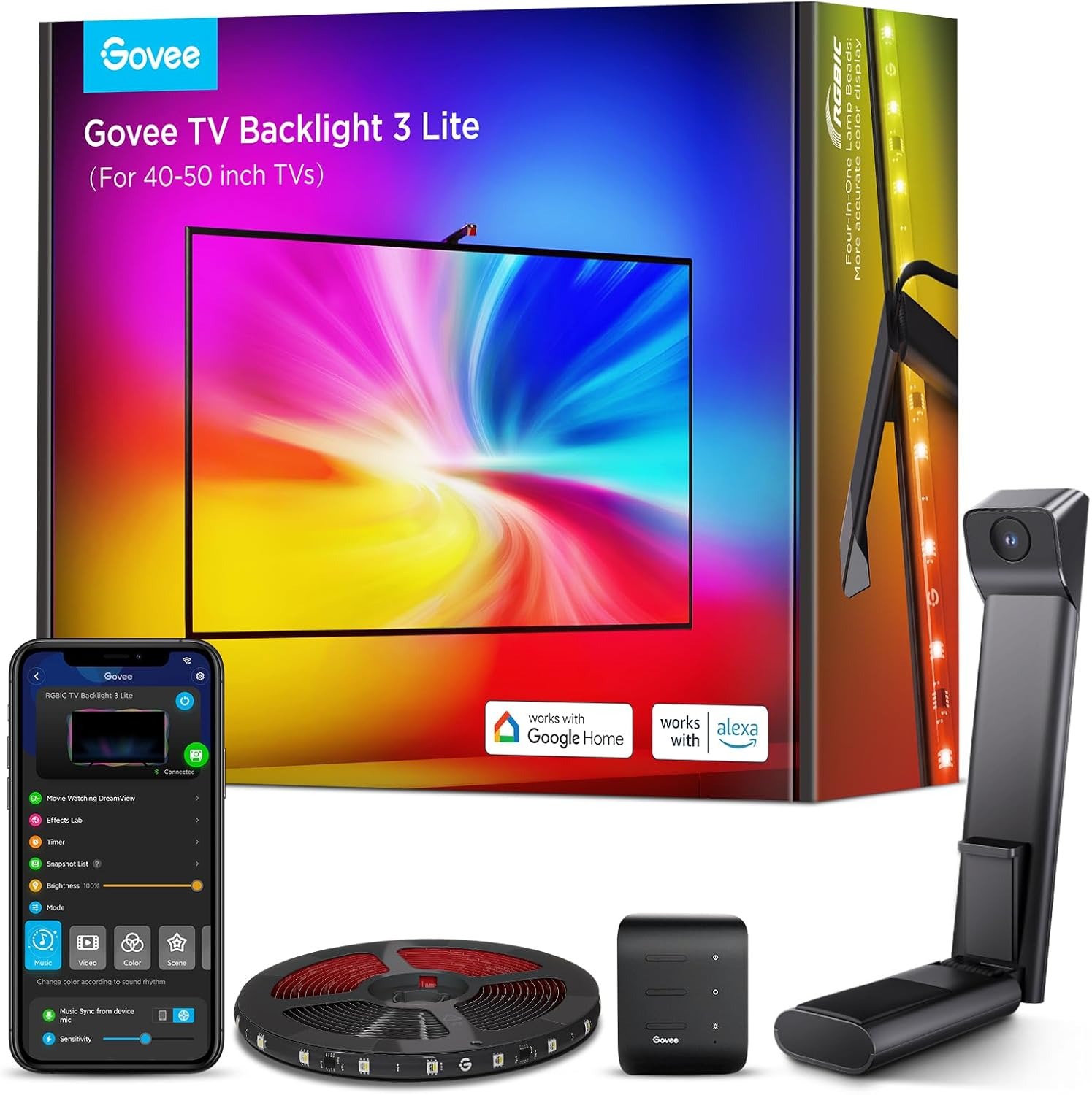 Govee LED TV Retroiluminación 3 Lite con Camera Sync per TV da 40-50 Pollici, Striscia TV Wi-Fi RGBICW da 2,4M con Funzione di Correzione Fish-Eye [Classe di efficienza energetica G