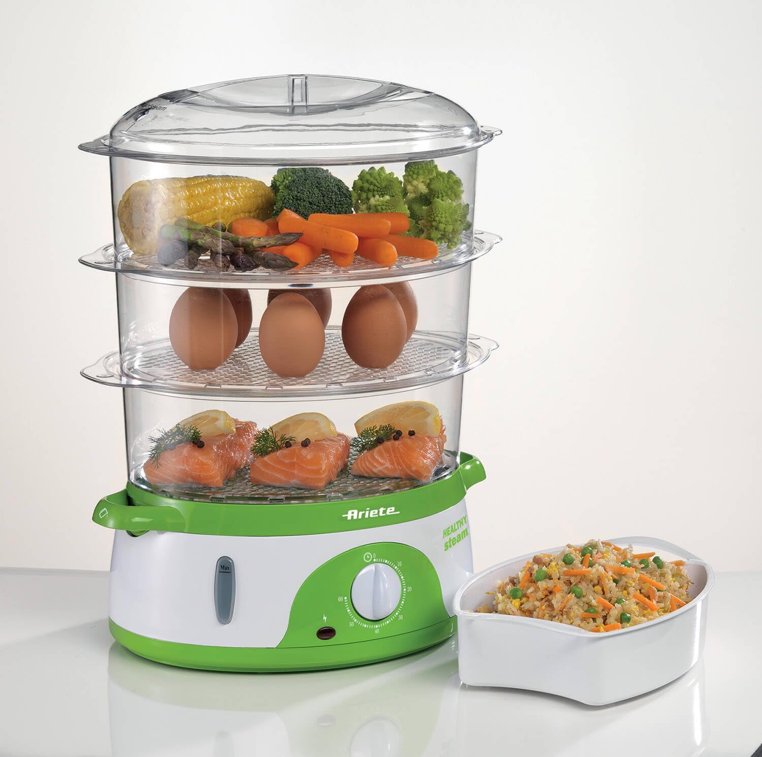 Ariete 911 Healthy Steam - Electric Steamer - 3 Baskets - Rice Container - Timer 60' - 800 Watt - 9 Litres - White and Green