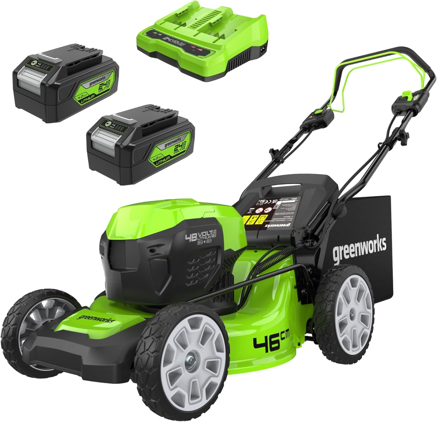 Greenworks 48V (2x24V) Tagliaerba Semovente a Batteria per Prati Fino a 480m2, Ampiezza di taglio 46cm, CON Due Batterie 4Ah e Caricabatterie Doppio GD24X2LM46SPK4X