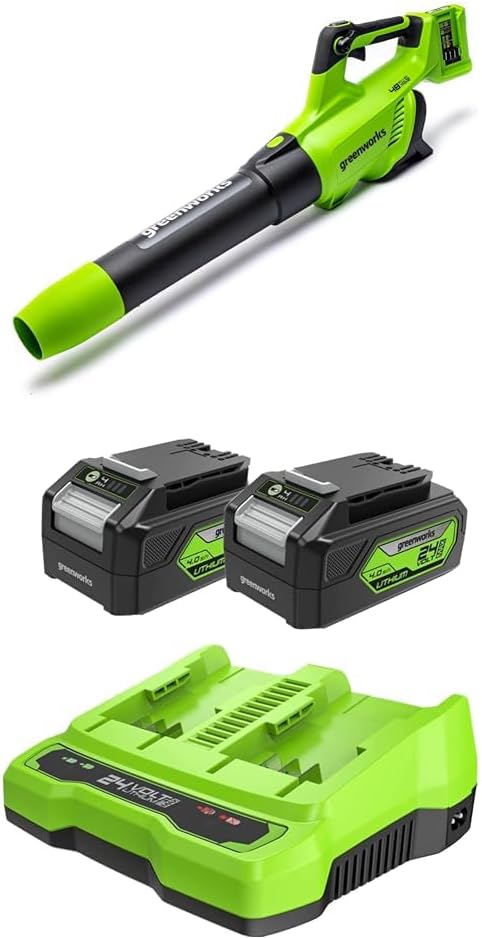 Greenworks 48V(2x24V) Battery Axial Leaf Blower with Brushless Motor, Turbo Function, 217 km/h, 16.4m³/min, with 2 24V 2Ah Batteries and Charger, 3 Year Warranty GD24X2ABK2X
