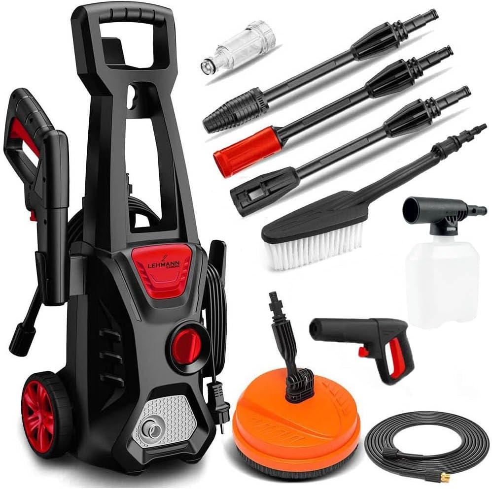 LEHMANN Jukon Idropulitrice Alta Pressione, 1600 W, Pressione max. 200 bar, Portata 480 l/h, Autoadescante, Con Accessori - Pistola, Lance, Lancia Schiuma, Spazzola per Patio, Spazzola per Cerchi