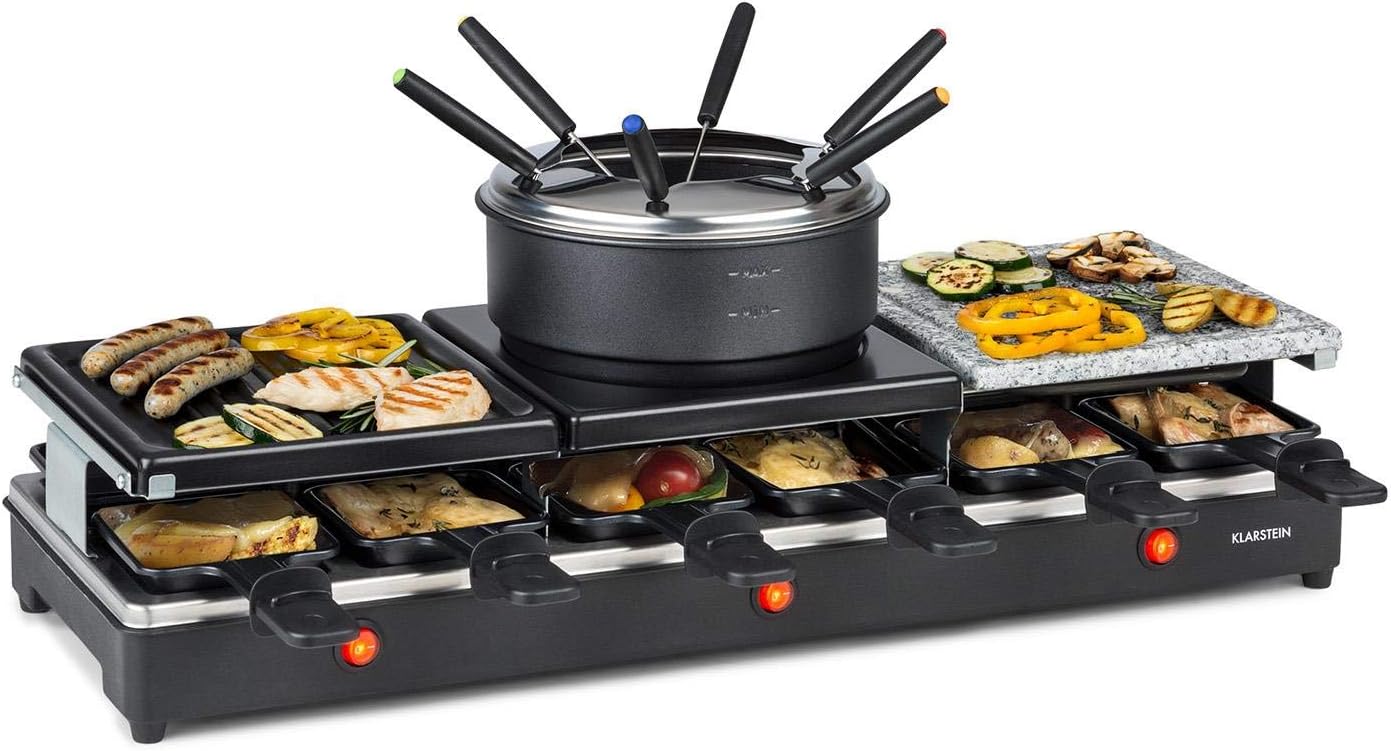 KLARSTEIN Fonduelette XL - Grill-Raclette-Fonduta 3in1, 1650 Watt, Grill 3in1: Metallo/Pietra/Piastra per Crêpes, 3 Elementi Riscaldanti in Acciaio Inox, fino a 12 Persone, Antiaderente, Nero
