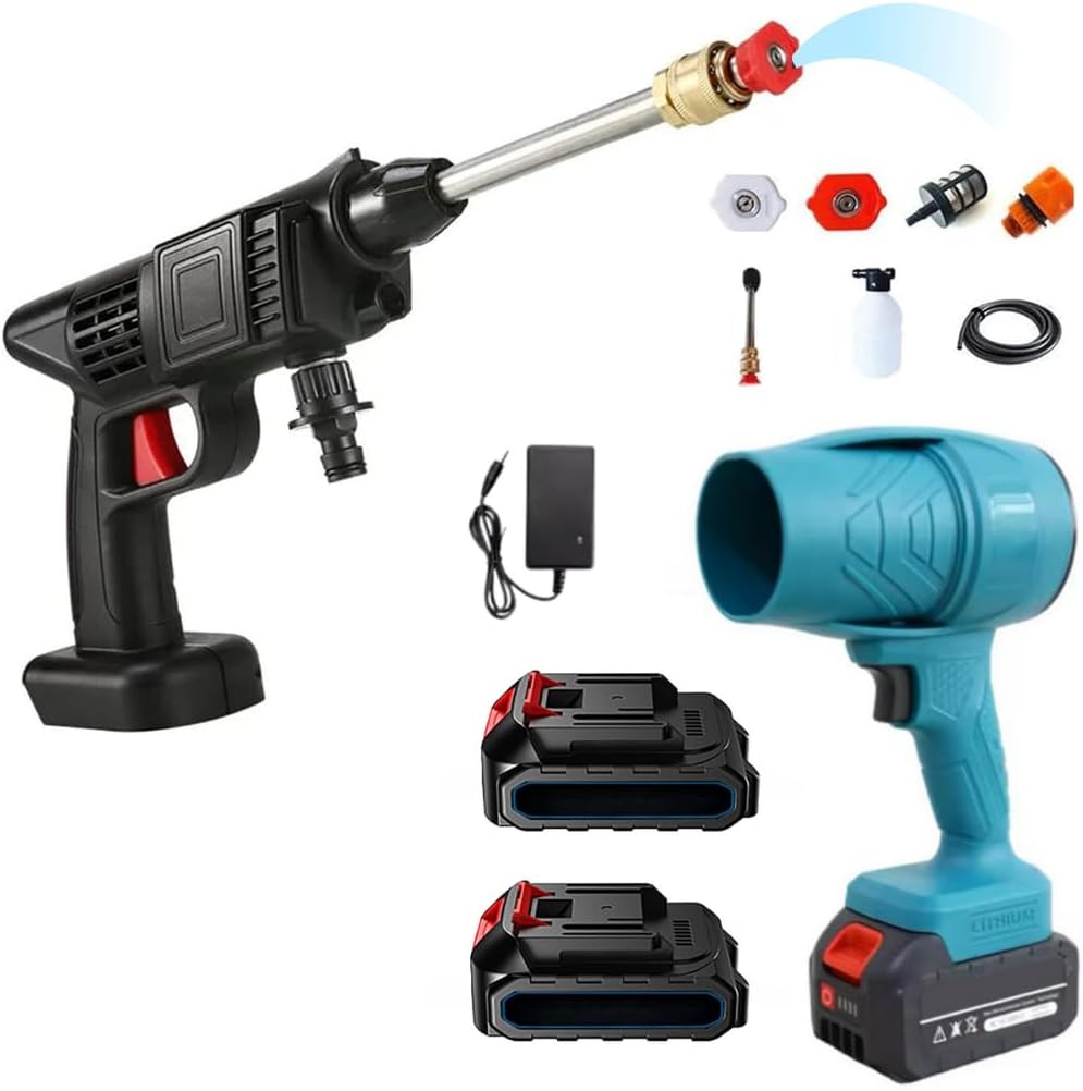 Mini Battery Leaf Blower with Turbocharger and Powerful Battery Pressure Washer, Air Speed up to 126 km/h, Equipped with 2 Batteries 48 V 3000 mAh (Air Blower and Pressure Washer)