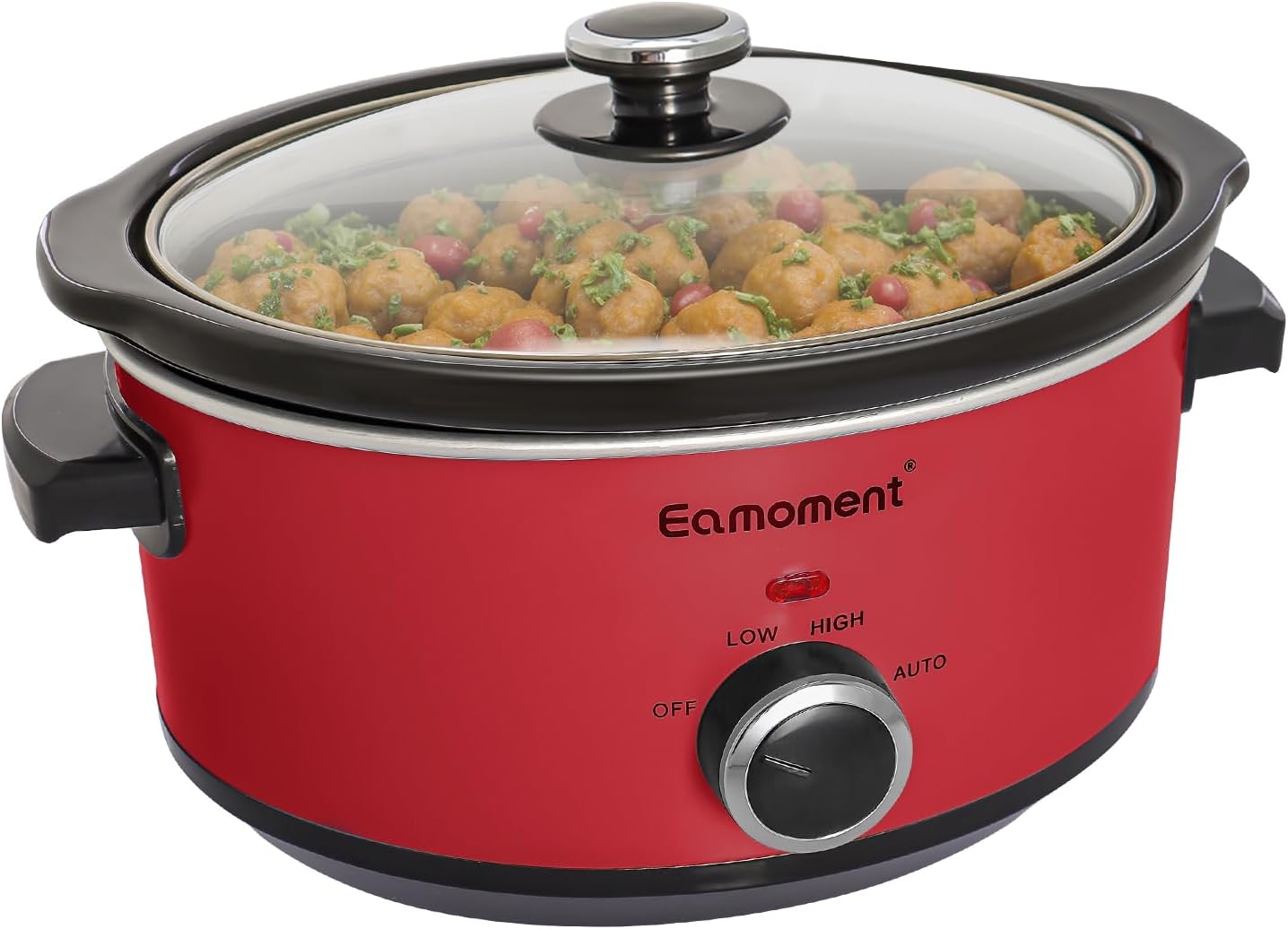 Eamoment 3.5L | 200W Slow Cooker with 3 Heat Settings and Power Indicator, Dishwasher Safe and Handles, Easy Clean Glass Lid (Red)