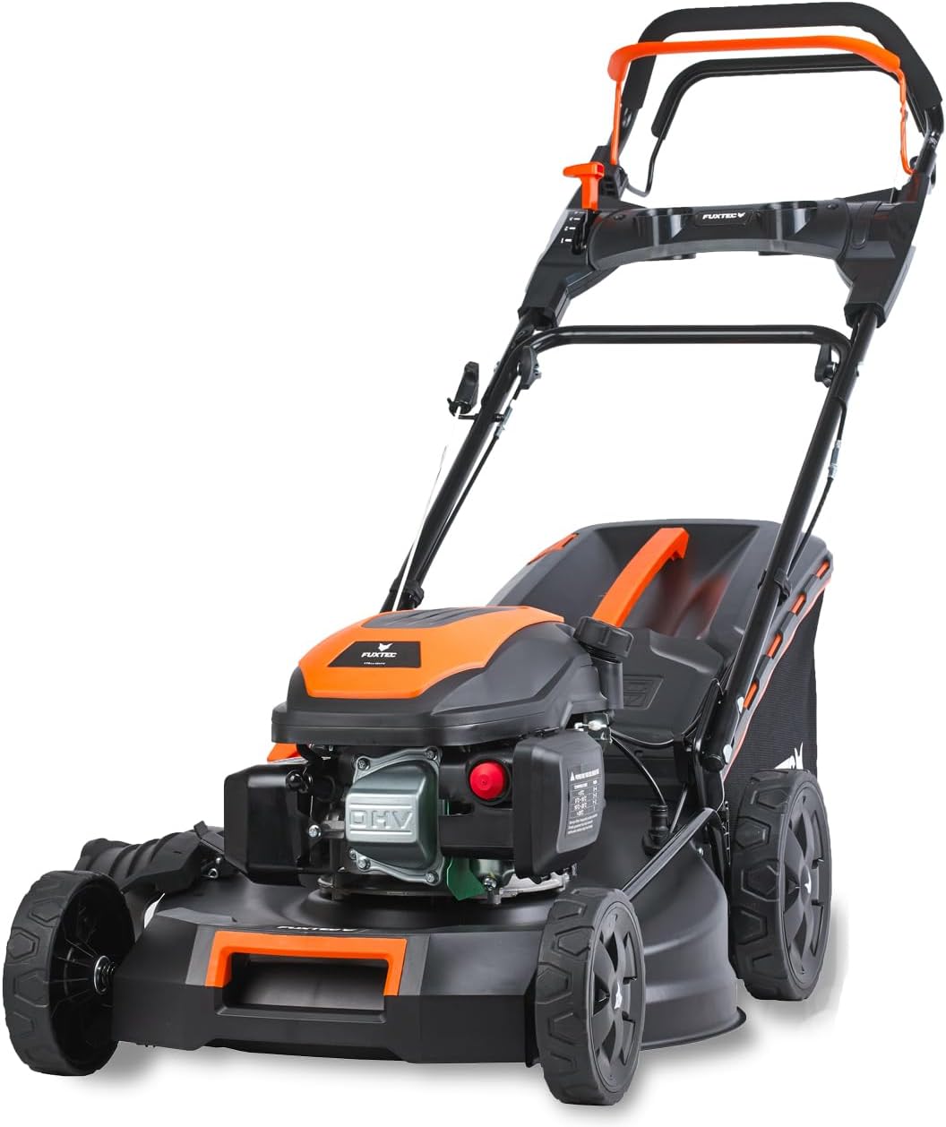 Fuxtec RM5196PRO Adjustable Self-Propelled Petrol Lawn Mower 51 cm Cut, GT Transmission Lawn Mower with 196cc Nitro Engine Easy Clean 4in1 6CV/4.4KW Mulching and Bag 60L