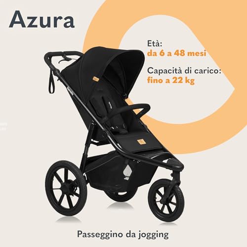 LIONELO AZURA Passeggino per Jogging da 6 mesi a 22kg Passeggino a Tre Ruote, Schienale Regolabile Completamente Reclinabile Grandi Ruote Gonfiabili Sospensione Completa Cappottina XXL : Prima infanzia