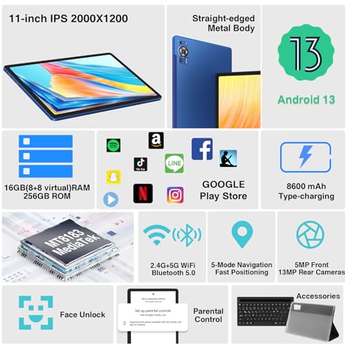 ZIOVO Tablet 11 Pollici Android 13 Tablet PC,16GB RAM 256GB ROM/TF 1TB, Octa Cores 2.0Ghz Tablet, 5G WiFi/Corpo in Metallo/8600mAh/ 2000 * 1200 FHD IPS/13 5MP/GMS/BT5.0,Tablet con Tastiera&Mouse   Blu : Informatica