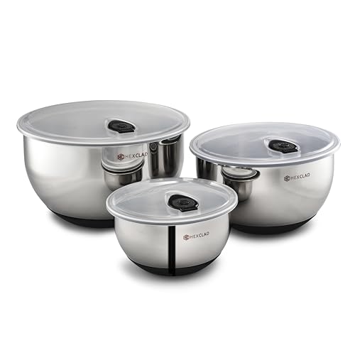HexClad Set di 3 ciotole in acciaio inox, con coperchi sottovuoto e base antiscivolo, 3 pezzi : Amazon.it: Casa e cucina
