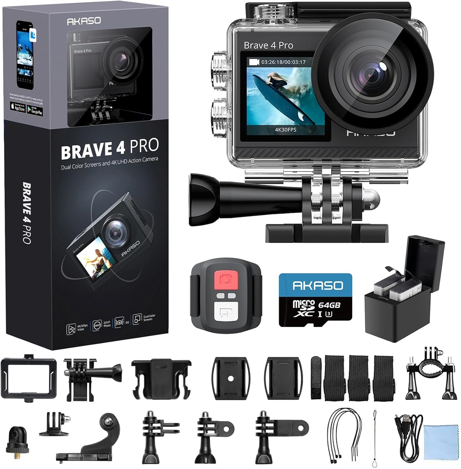 AKASO Brave 4 Pro Action Cam 4K 40M con Scheda di Memoria U3 da 64GB, Videocamera 20MP WiFi 170° Grandangolare Doppio Schermo EIS Stabilizzazione, Touch Screen, 5x Zoom