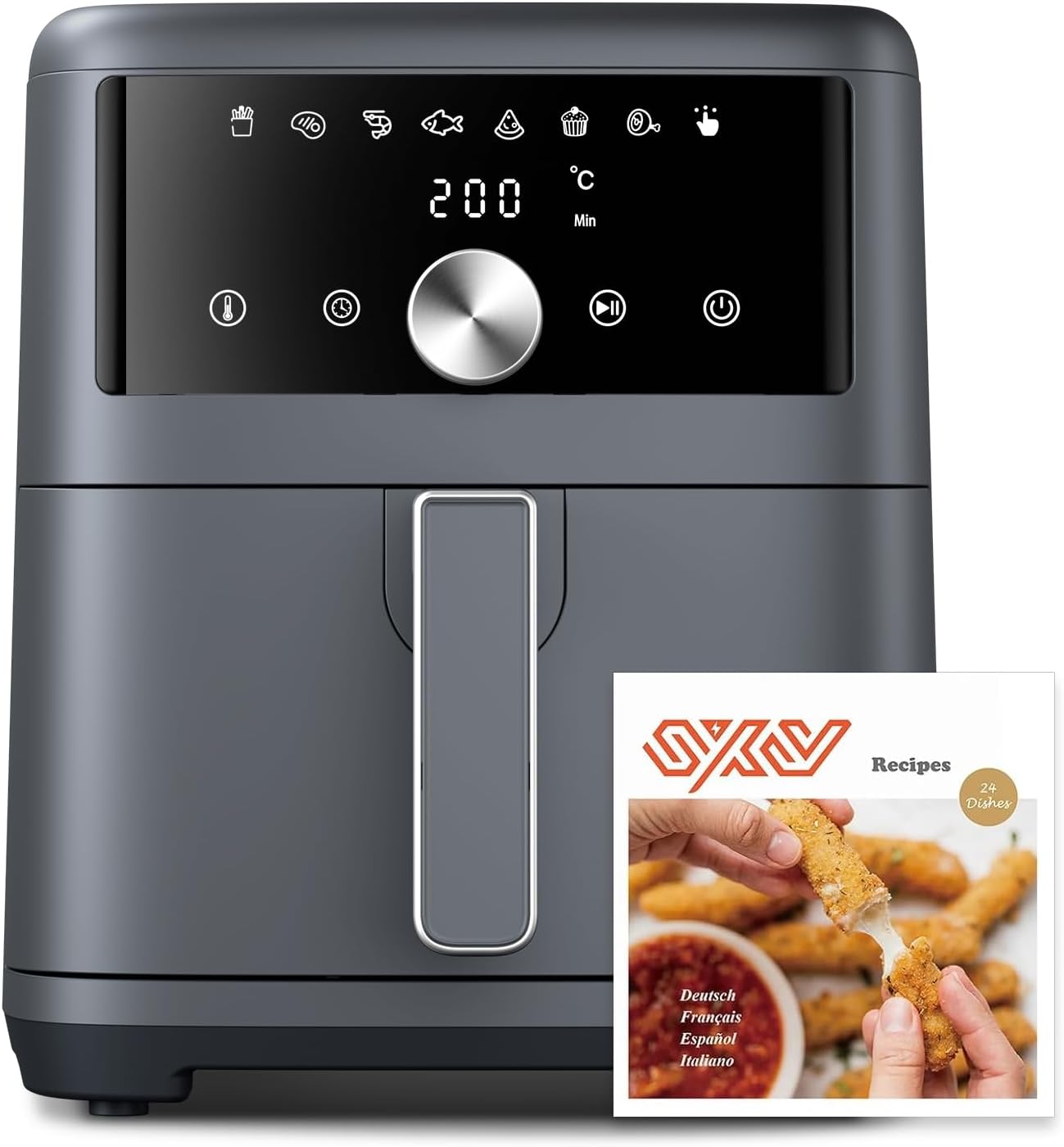 Innsky Friggitrice ad Aria Calda 6 Litri, Air Fryer con LED Touch Screen, Friggitrice Senza Olio Design Compatto, Fino A Sei Persone, 1500W, 8 Programmi, Basso Rumore, Ricette Italiane, Color Nero