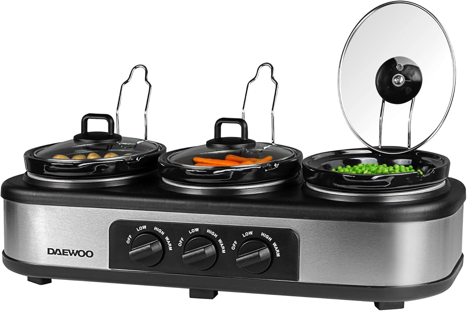 Daewoo sda1334 3 x 1,5 L Tripla Cottura lenta 3 Calore individuali | pentole Lavabili in lavastoviglie | Controllo Manuale della Temperatura | 300 W, Ceramica Acciaio Inossidabile Grès, Nero e Argento