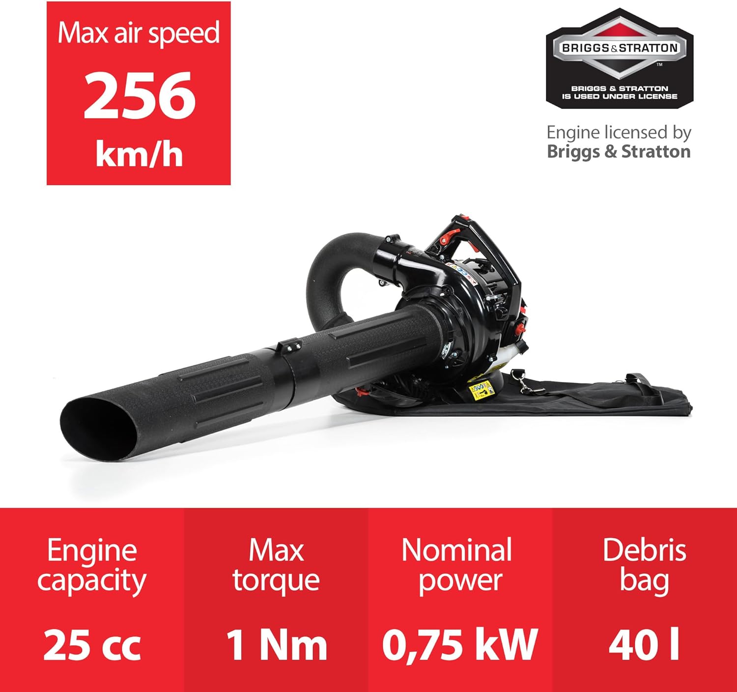 NAX POWER PRODUCTS 950V Leaf Blower Motor 25.4cm3 0.75kW Briggs & Stratton Licensed Product Leaf Bag 40L Garden Vacuum with Blow Function