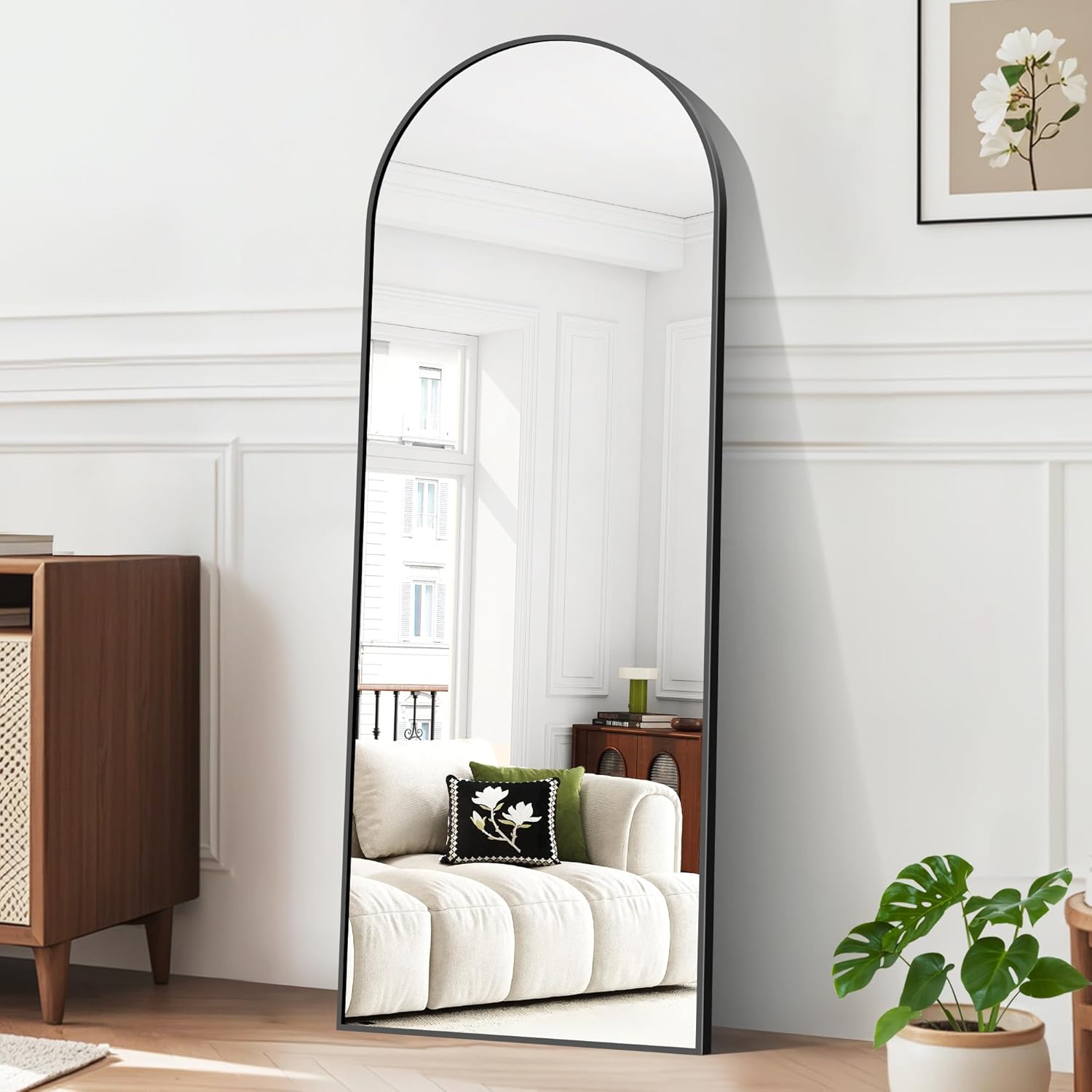 BONEWEI Specchio da Terra ad Arco, 150 x 40 cm Specchio da Parete Grande con Cornice in Nero Alluminio, Specchio da Terra da Appoggiare o Appendere per Soggiorno, Camera da Letto, Ingresso