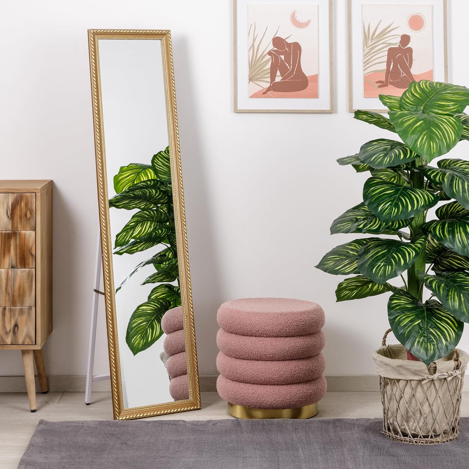 Baroni Home Specchio da Terra con Struttura in Acciaio, Specchio a Figura Intera con Supporto Pieghevole con Cornice Decorata in Legno, Riccioli Oro, 40x150 cm