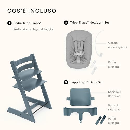 Sedia Stokke Tripp Trapp con Newborn Set e Baby Set, Blu fiordo   Design sicuro, regolabile ed ergonomico : Prima infanzia