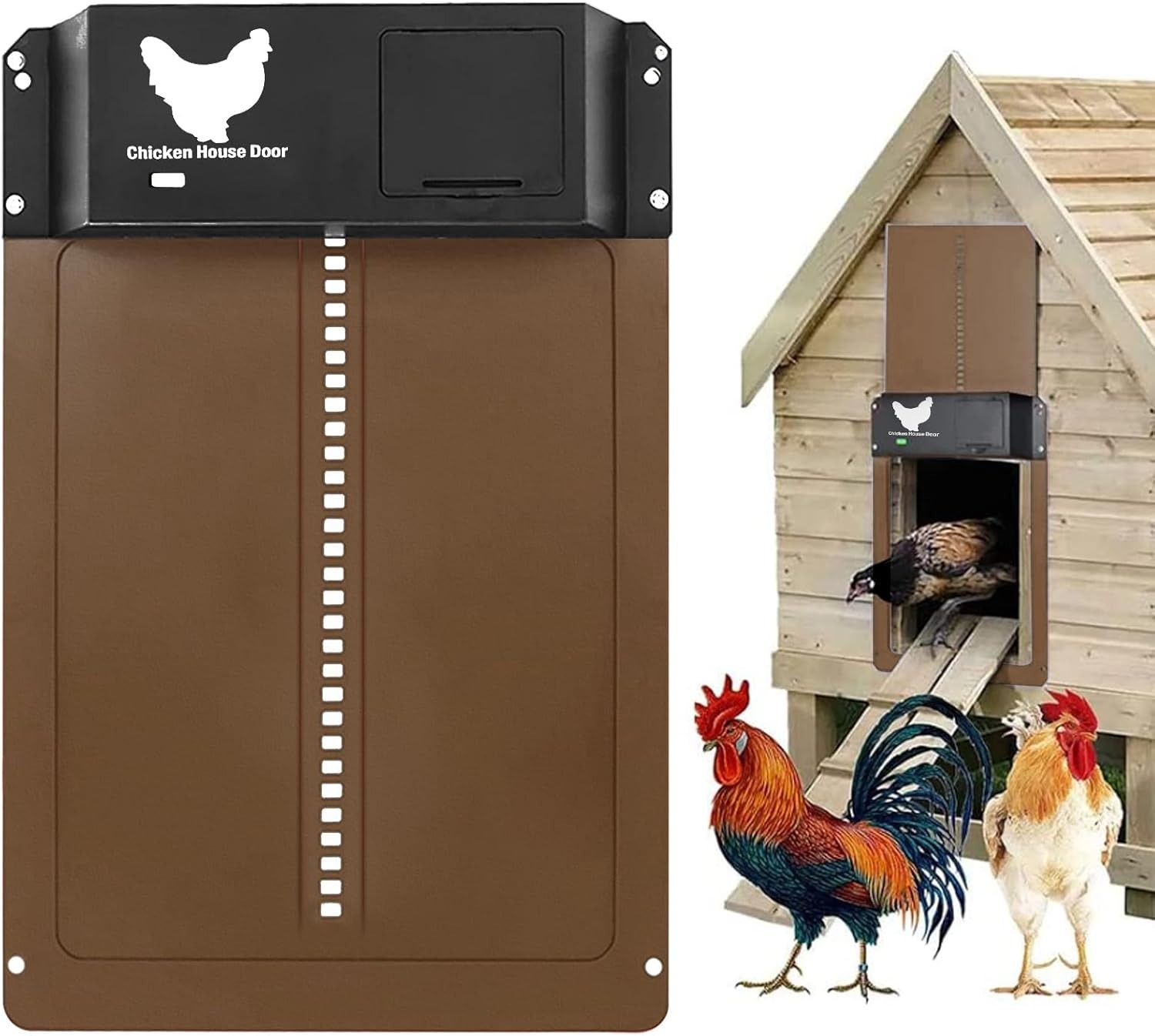 Porta Automatica per Pollaio, Porta di pollaio Automatico, Sportello Elettrico Pollaio Con Sensore di Luce, Porta per Pollaio Automatica Alimentata a Batteria, Impermeabile(Marrone)
