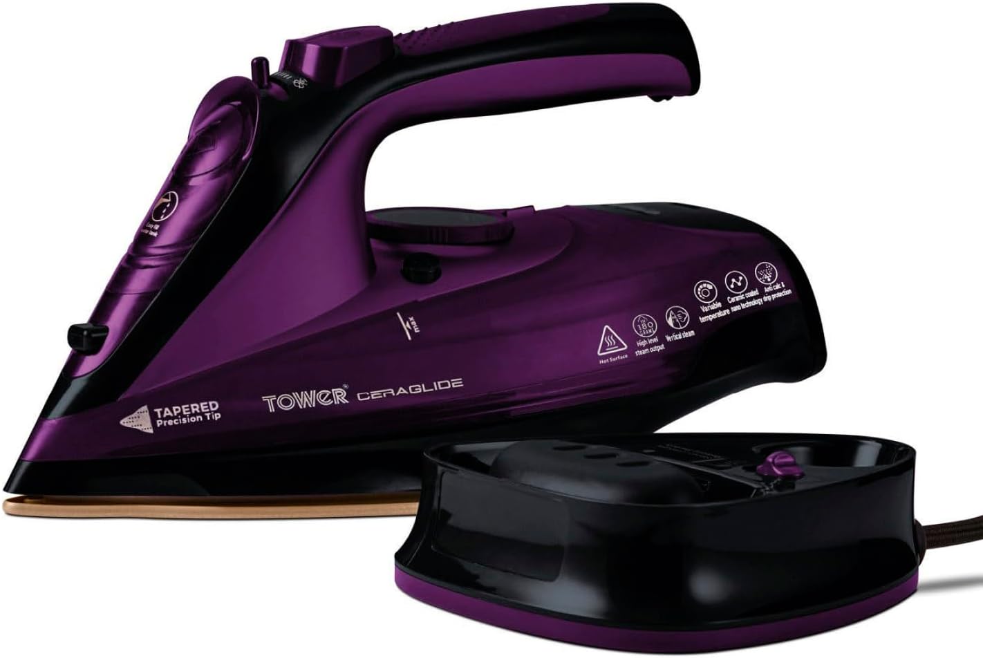 Tower T22008RG CeraGlide Wireless Steam Iron with Ceramic Plate and Variable Steam Function, Black and Rose Gold