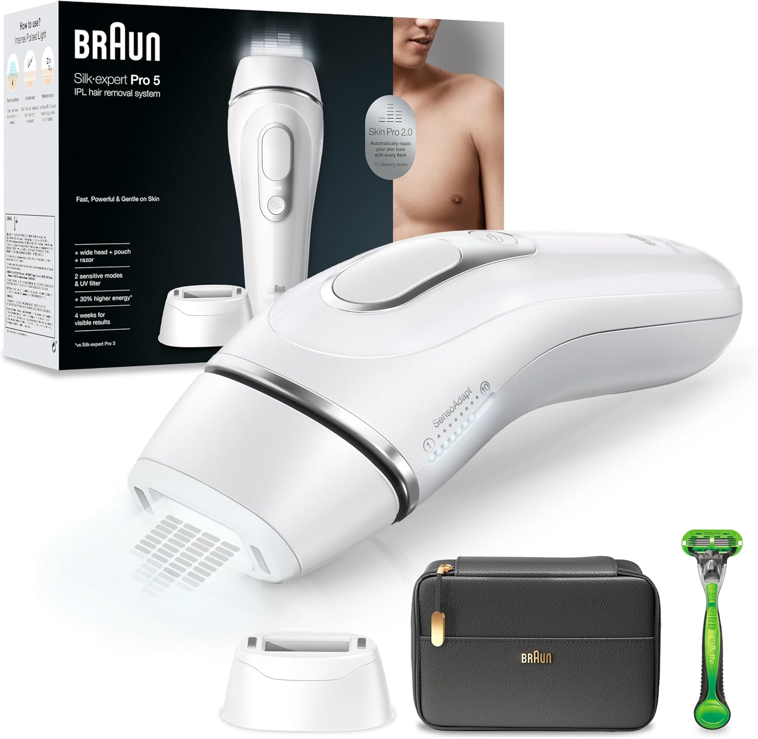 Braun Silk·expert Pro 5 Epilatore LUCE PULSATA, Epilazione A Casa, Alternativa All’Epilazione laser, Con Custodia, Rasoio Uomo Gillette, 2 Testine, Idea Regalo, Bianco/Oro, PL5145