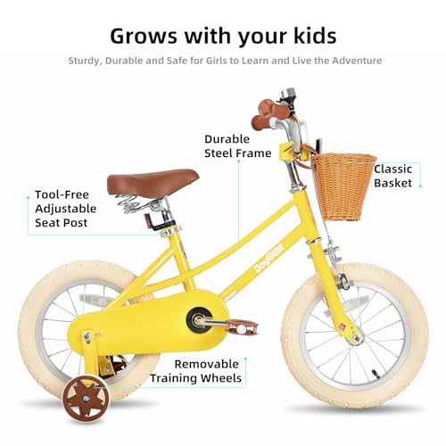 JOYSTAR 14 pollici bicicletta per bambini con ruota di allenamento e cestini, bicicletta per bambini per 3 5 anni ragazze, Giallo : Sport e tempo libero
