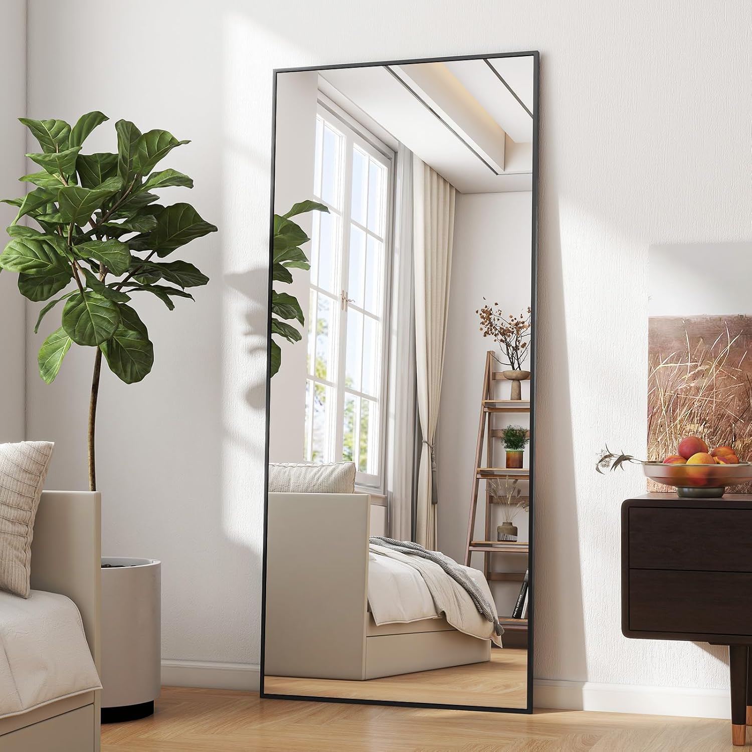 BEAUTYPEAK 165 x 60 cm, cornice minimalista specchio da pavimento, solido specchio per tutto il corpo, leggero, da appendere alla parete orizzontalmente o verticalmente, per camera da letto, nero