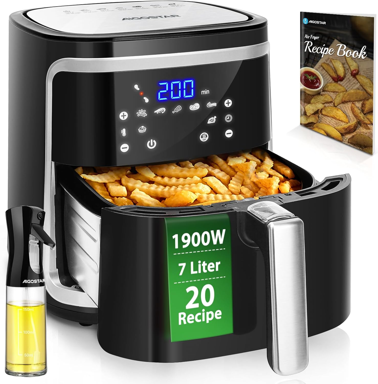 Aigostar Cube 30IBT - Friggitrice ad Aria XXL, 1900W, 7L air fryer, Pannello touch a led, 20- Ricette, Cestello removibile anti aderente, Mantenimento calore, 7 Scelte già programmate