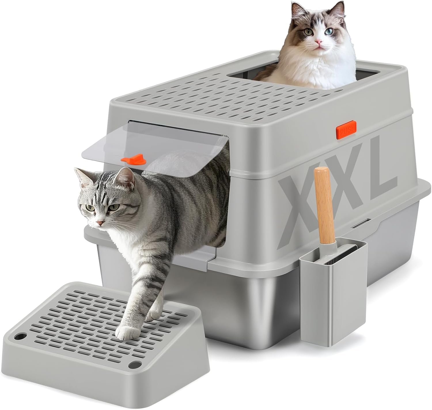 Cat Litter Tray Stainless Steel Closed XXL 110° Flip-Cover Design Large Cat Litter Tray 60 x 42 x 44 cm Steel Litter Box with Lid 38L Capacity Leak Proof and Easy Clean